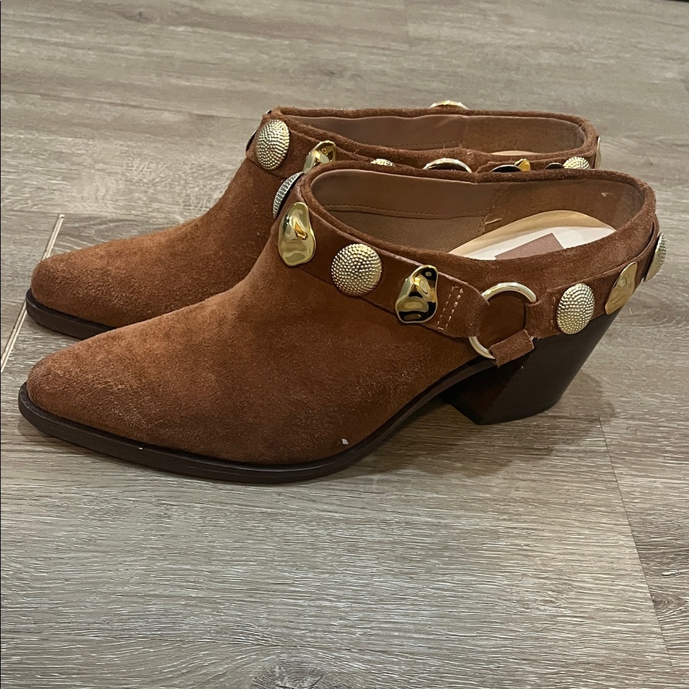 Dolce Vita Brown Suede Mules with Gold Details
